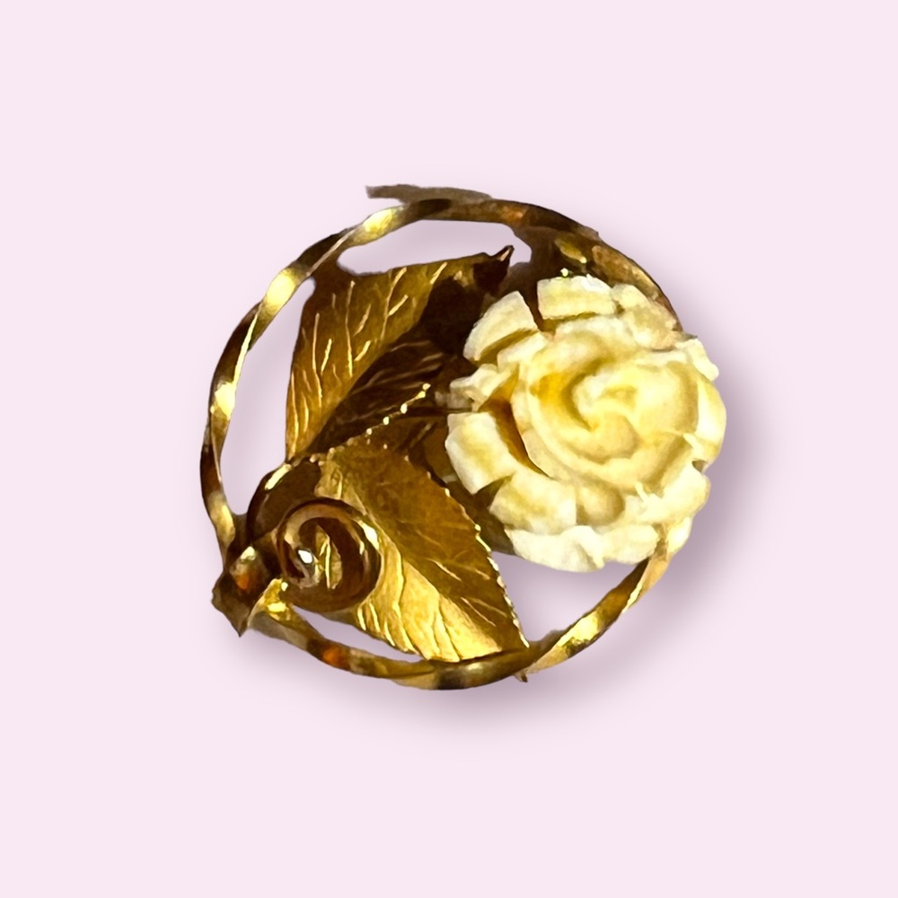 VINTAGE Signed K.L. Carved Celluloid ROSE BROOCH Pin 12k GF Karen Lynne